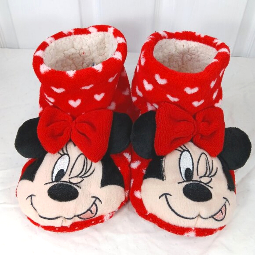 Disney Minnie Mouse Bootie Slippers Sherpa Lined Red White Women's Size S/M